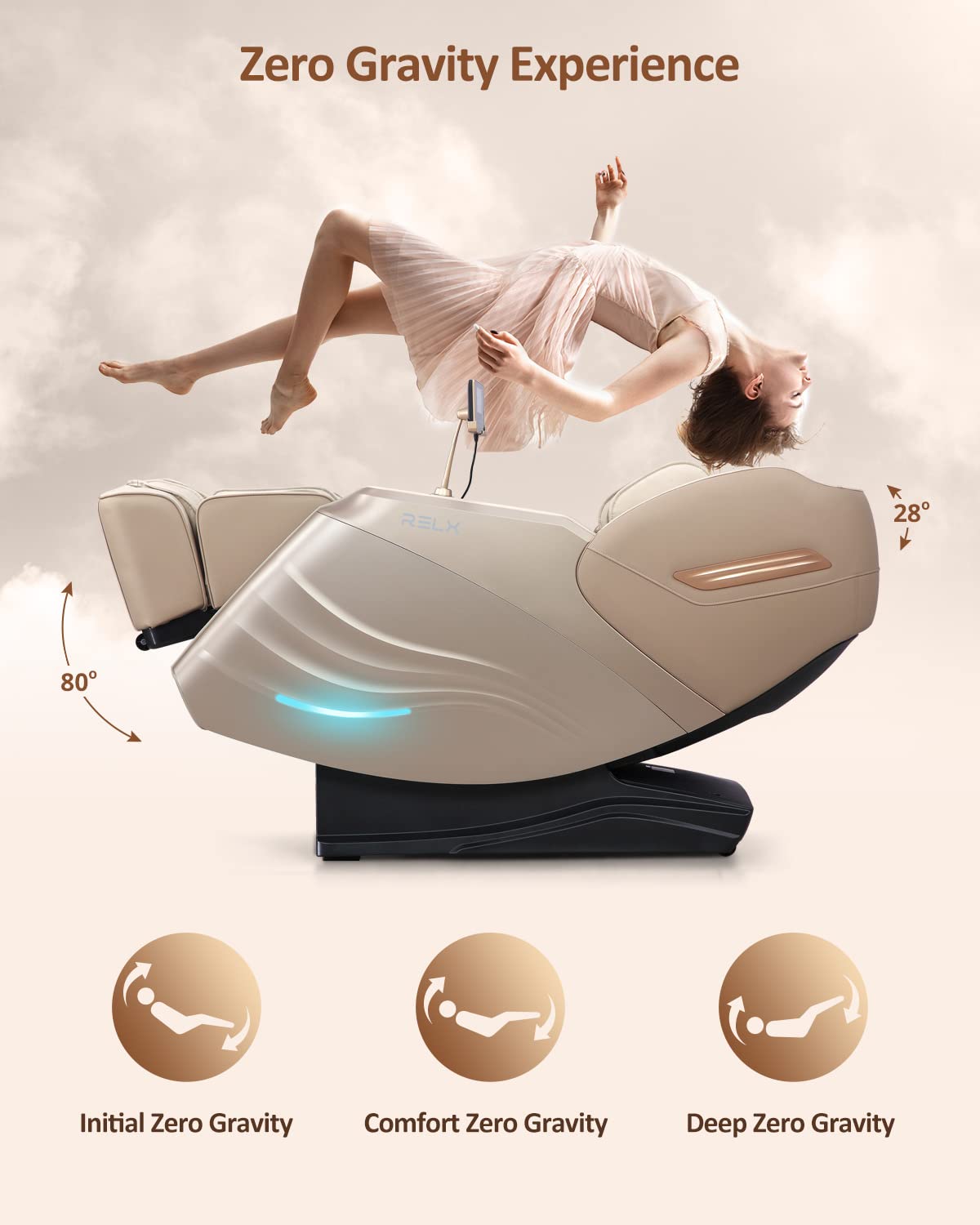RELX Massage Chair Full Body Zero Gravity SL-Track Shiatsu Massage Chair, 12 Modes, Airbag Massage, with Yoga Stretch, Foot Massage, AI Control (Cream)
