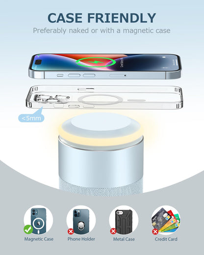 COLSUR Bluetooth Speaker, Magnetic Wireless Charger, Bluetooth Speakers with Night Light, 2 in 1 Wireless Charging Station for iPhone 16/15/14/13/12 Series, AirPods Pro/3/2（Gift Ideal）