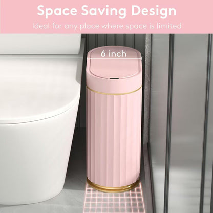 ELPHECO Mini Desktop Trash Can with Lid, Small Slim Automatic Garbage Can, 1.3 Gallon Motion Sensor Countertop Waste Basket for Bedroom, Office, Bathroom, White with Grey Trim