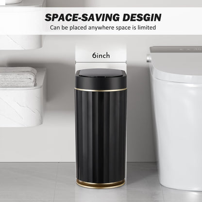 ELPHECO Mini Desktop Trash Can with Lid, Small Slim Automatic Garbage Can, 1.3 Gallon Motion Sensor Countertop Waste Basket for Bedroom, Office, Bathroom, White with Grey Trim