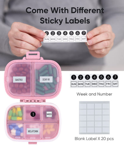 Holii Travel Pill Organizer, 8 Compartments Portable Pill Case, Daily Pill Box to Hold Vitamins, Small Pill Container for Pocket Purse Medicine Organizer（Khaki）