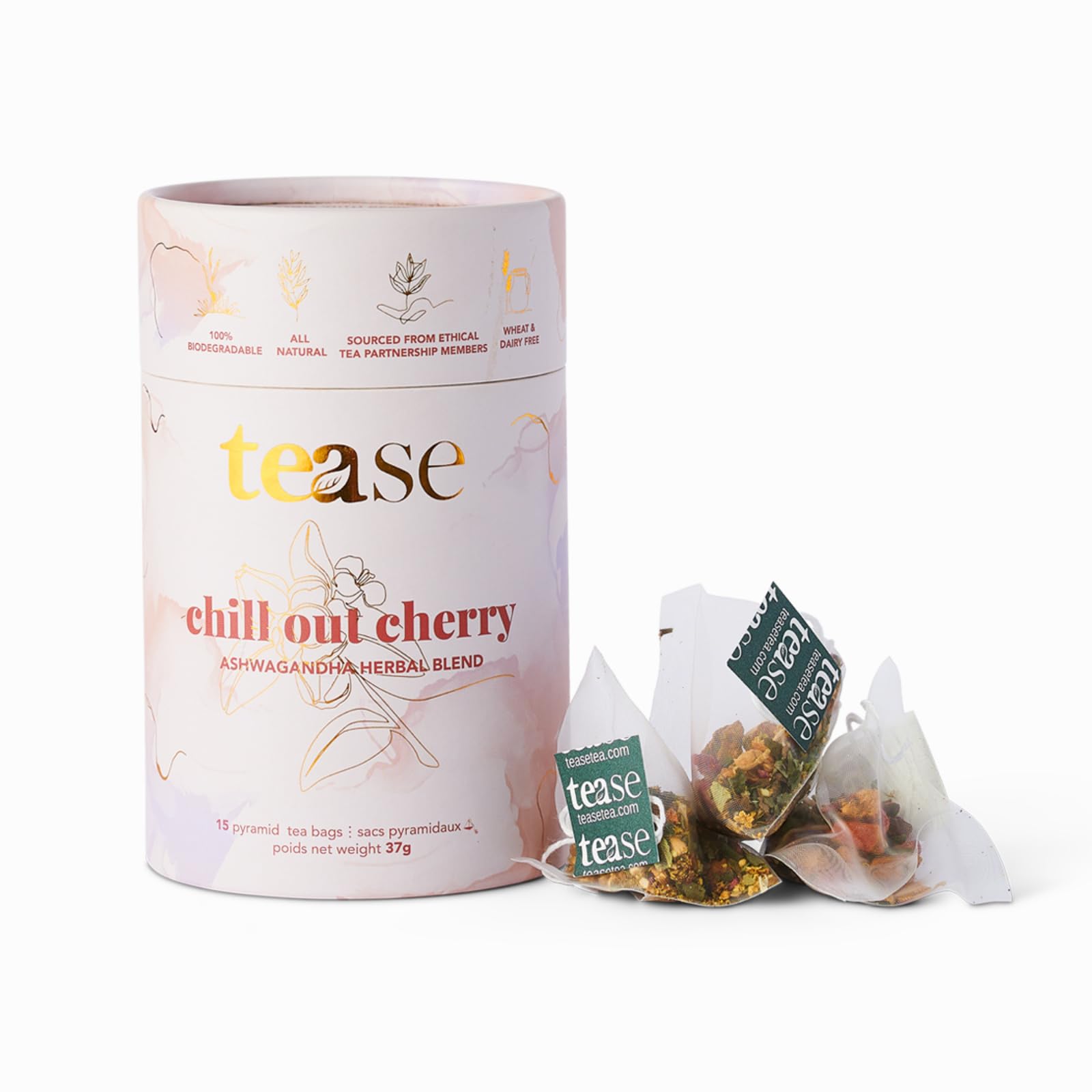 Tease Tea Organic Tea Tube Gift Set | 15 Piece Botanical Pyramid Tea Bag Infuser Sachets Loose Leaf Support Citrusy Blend with Rooibos, Peppermint, Valerian Root Caffeine Free 37g (Golden Slumbers)