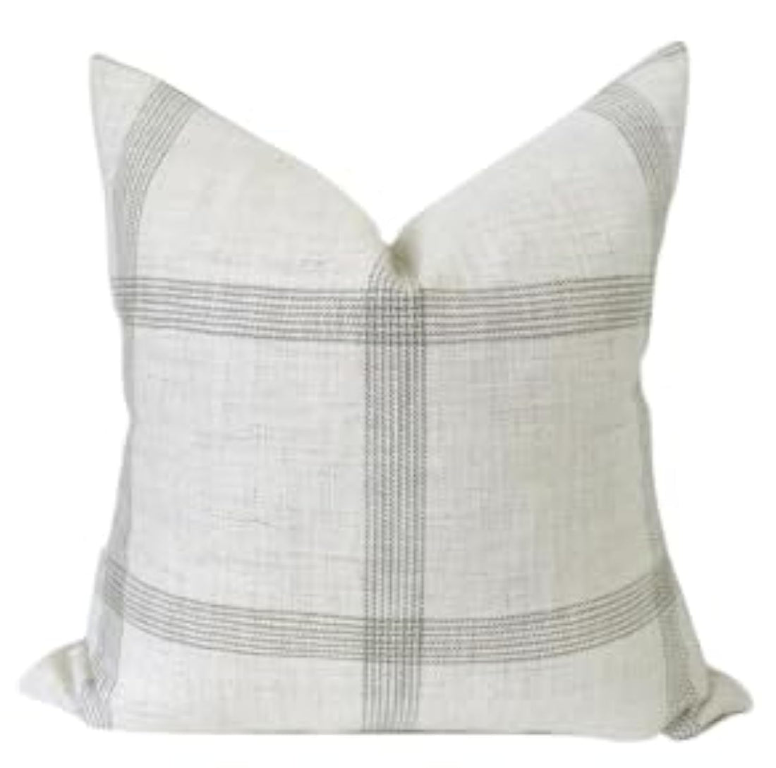 Pillow Cover 100% Linen 20 x 20 inches Double Sided Block Print with Zipper for Easy Removal Home Decor Shabby Chic Farmhouse Neutral Decorative Sofa Couch Accent (Plaid White Grey)