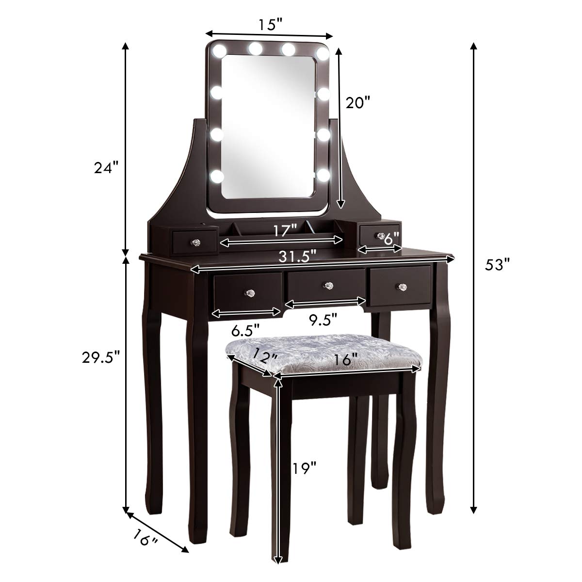 DORTALA Vanity Table Set with 360° Mirror &amp; Cushioned Stool, Makeup Table with 10 LED Dimmable Bulbs, Bedroom Wood Dressing Table with 5 Drawers and Removable Box Organizer, Gift for Females (White)