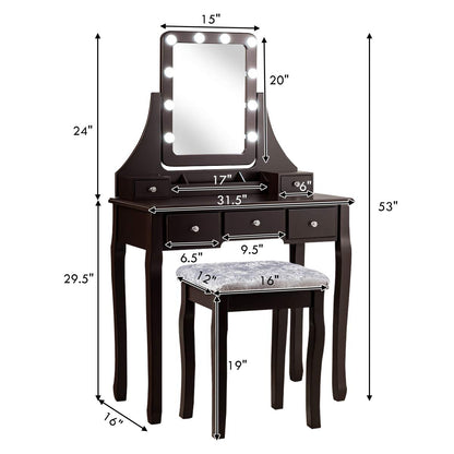 DORTALA Vanity Table Set with 360° Mirror &amp; Cushioned Stool, Makeup Table with 10 LED Dimmable Bulbs, Bedroom Wood Dressing Table with 5 Drawers and Removable Box Organizer, Gift for Females (White)