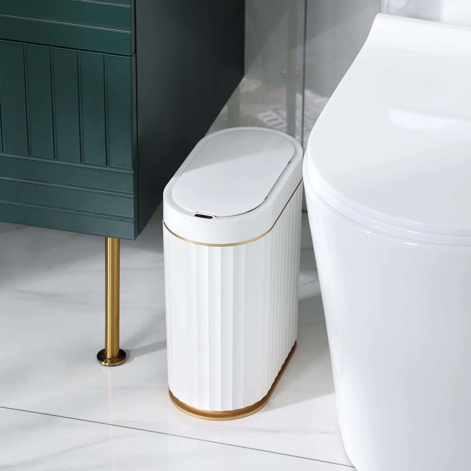 ELPHECO Mini Desktop Trash Can with Lid, Small Slim Automatic Garbage Can, 1.3 Gallon Motion Sensor Countertop Waste Basket for Bedroom, Office, Bathroom, White with Grey Trim