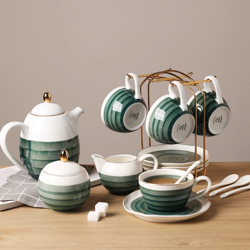 Sweejar Porcelain Tea Sets, 8 OZ Cups &amp; Saucer Service for 4, Teapot Sugar Bowl Cream Pitcher Teaspoons and Tea Strainer for Adult Tea Coffee Afternoon Party(Blue)