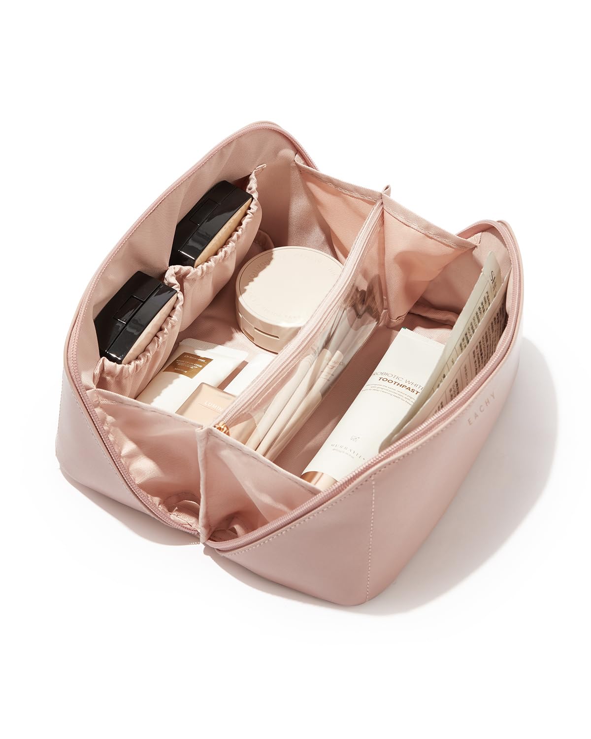 EACHY Travel Makeup Bag,Large Capacity Cosmetic Bags for Women,Waterproof Portable Pouch Open Flat Toiletry Bag Make up Organizer with Divider and Handle