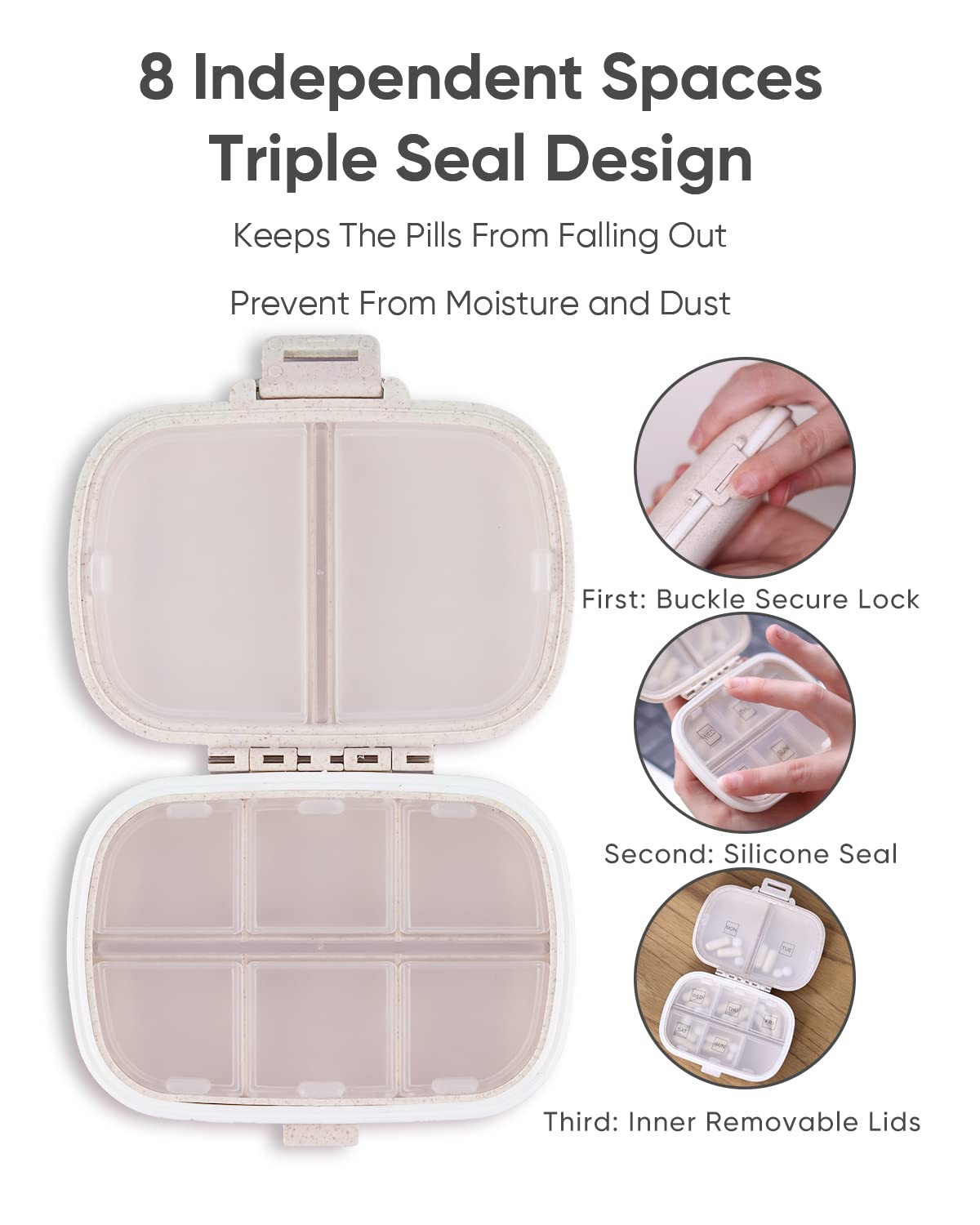 Holii Travel Pill Organizer, 8 Compartments Portable Pill Case, Daily Pill Box to Hold Vitamins, Small Pill Container for Pocket Purse Medicine Organizer（Khaki）