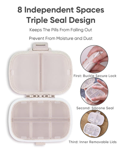 Holii Travel Pill Organizer, 8 Compartments Portable Pill Case, Daily Pill Box to Hold Vitamins, Small Pill Container for Pocket Purse Medicine Organizer（Khaki）