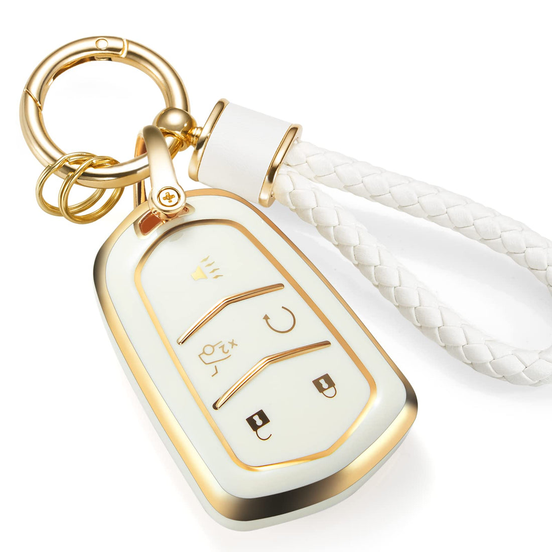 Cadillac Key Fob Cover with Metal Braided Rope Keychain, Upgraded Soft Key Case for 2015-2019 Escalade CTS SRX XT5 ATS STS CT6 (5 Button) (Gold Edge)