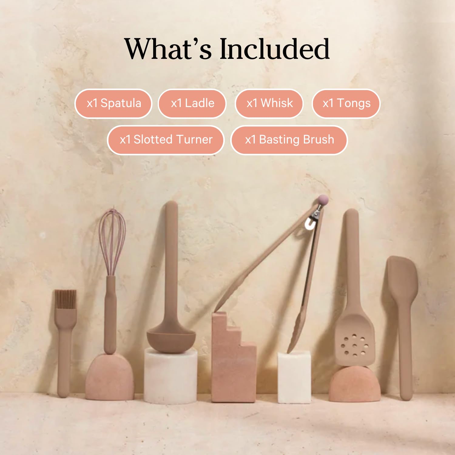Our Place Utensil Essentials - 6-Piece Silicone Cooking Utensil Set | Ergonomic, Heat-Resistant, Dishwasher Safe | Spatula, Ladle, Whisk, Slotted Turner, Basting Brush, Tongs | BPA-Free | Steam