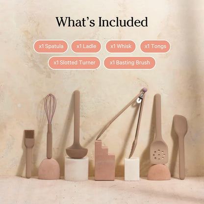Our Place Utensil Essentials - 6-Piece Silicone Cooking Utensil Set | Ergonomic, Heat-Resistant, Dishwasher Safe | Spatula, Ladle, Whisk, Slotted Turner, Basting Brush, Tongs | BPA-Free | Steam