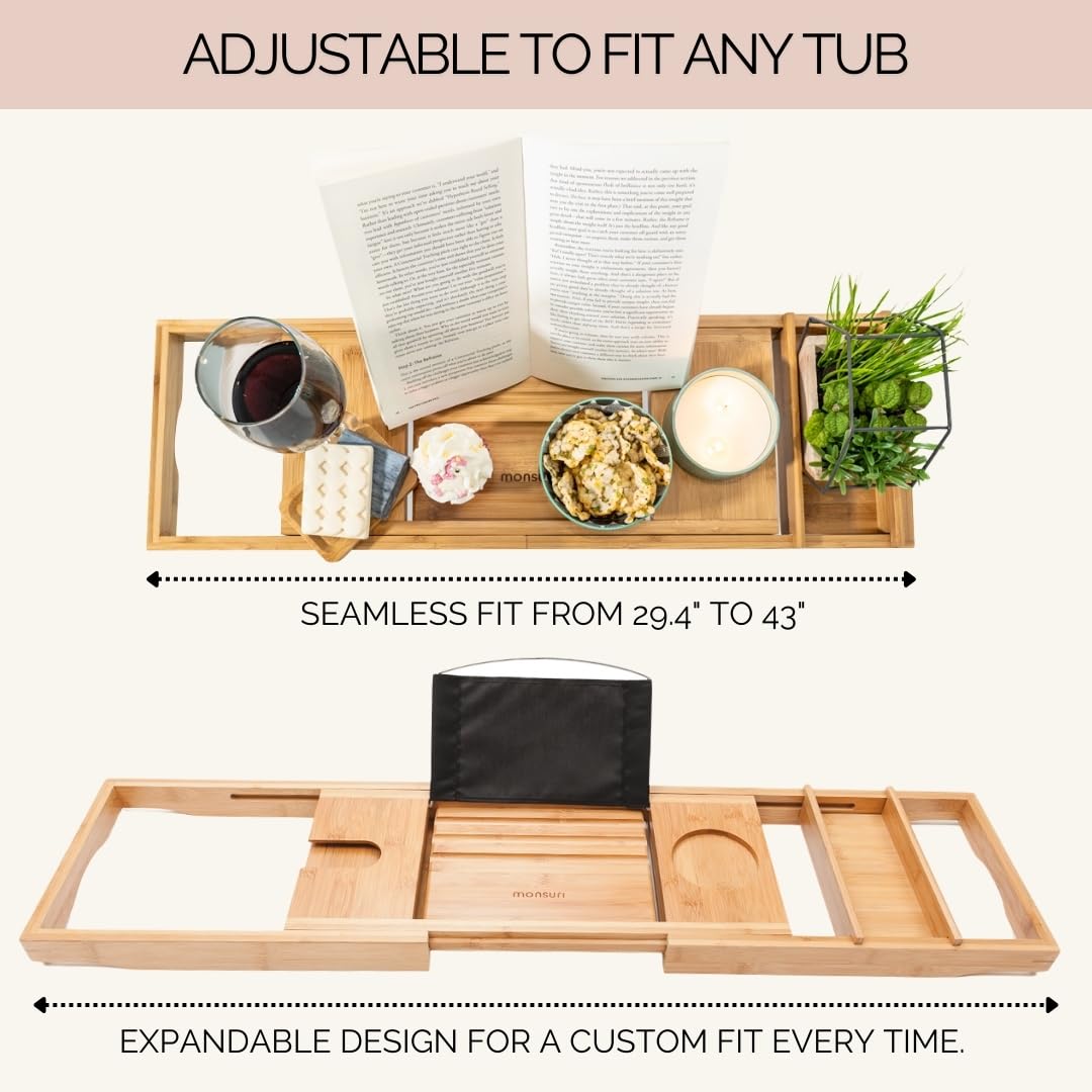 Bamboo Bathtub Tray Caddy Expandable - Over The Tub Bath Caddy Tray for Bathtub Accessories for Relaxing Spa, Bamboo Bath Tray for Tub Accessories for Bathtub for Women. Bath Spa Gifts for Women.