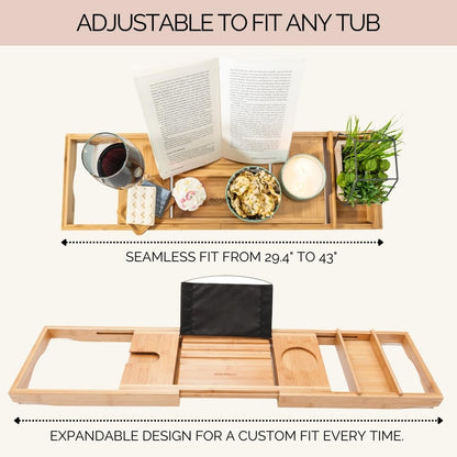 Bamboo Bathtub Tray Caddy Expandable - Over The Tub Bath Caddy Tray for Bathtub Accessories for Relaxing Spa, Bamboo Bath Tray for Tub Accessories for Bathtub for Women. Bath Spa Gifts for Women.