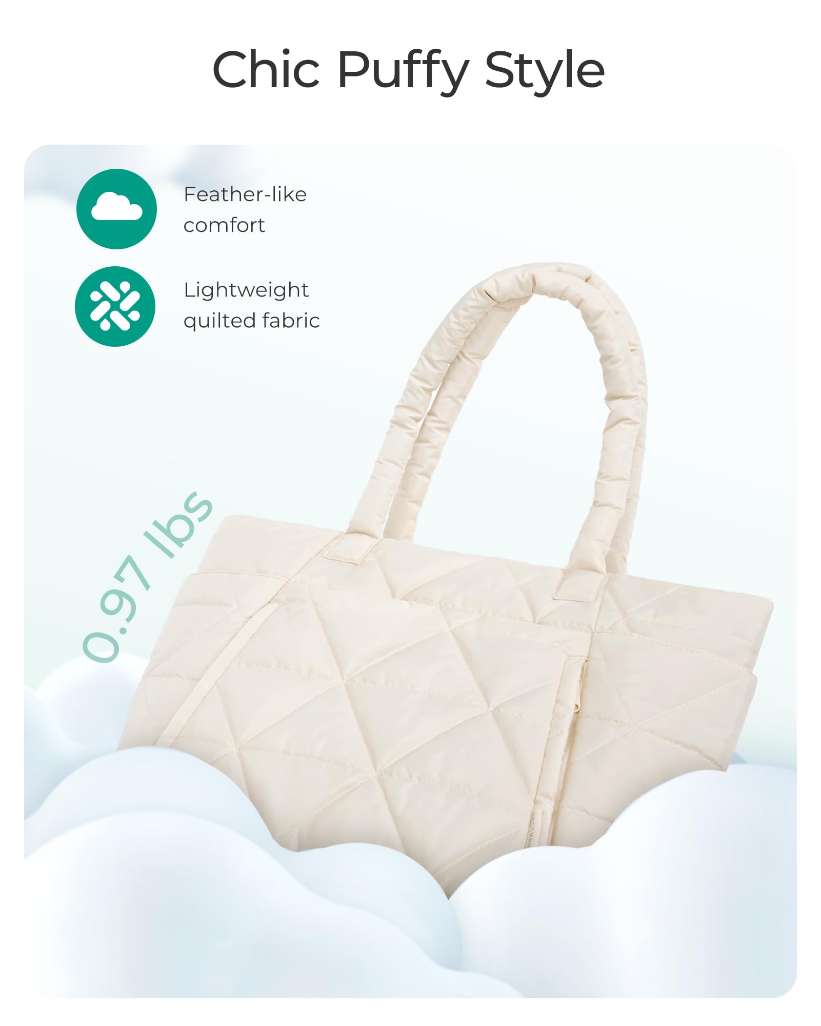 BAGSMART Tote Bag for Women, Puffy Tote Bag with Zipper, Large Quilted Shoulder Bag with Compartments for Travel, Work, Gym