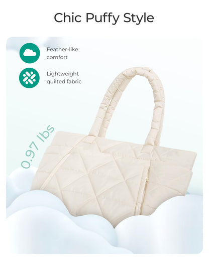 BAGSMART Tote Bag for Women, Puffy Tote Bag with Zipper, Large Quilted Shoulder Bag with Compartments for Travel, Work, Gym