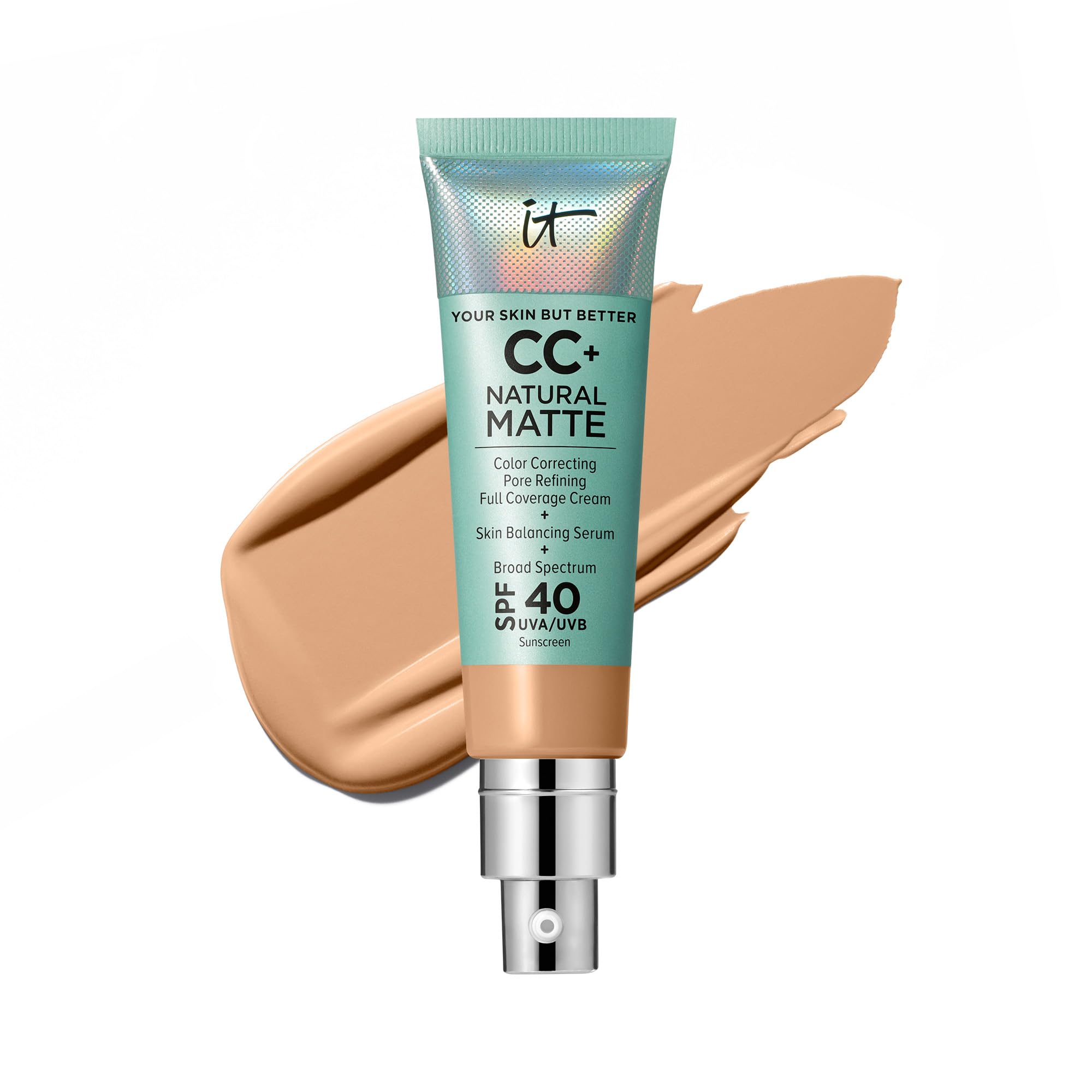 IT Cosmetics CC+ Cream Natural Matte Foundation with SPF 40 - Shine-Reducing &amp; Long-Wear Full Coverage Foundation For Oily Skin - With Hyaluronic Acid - Fragrance Free &amp; Non-Comedogenic - 1.08 fl oz