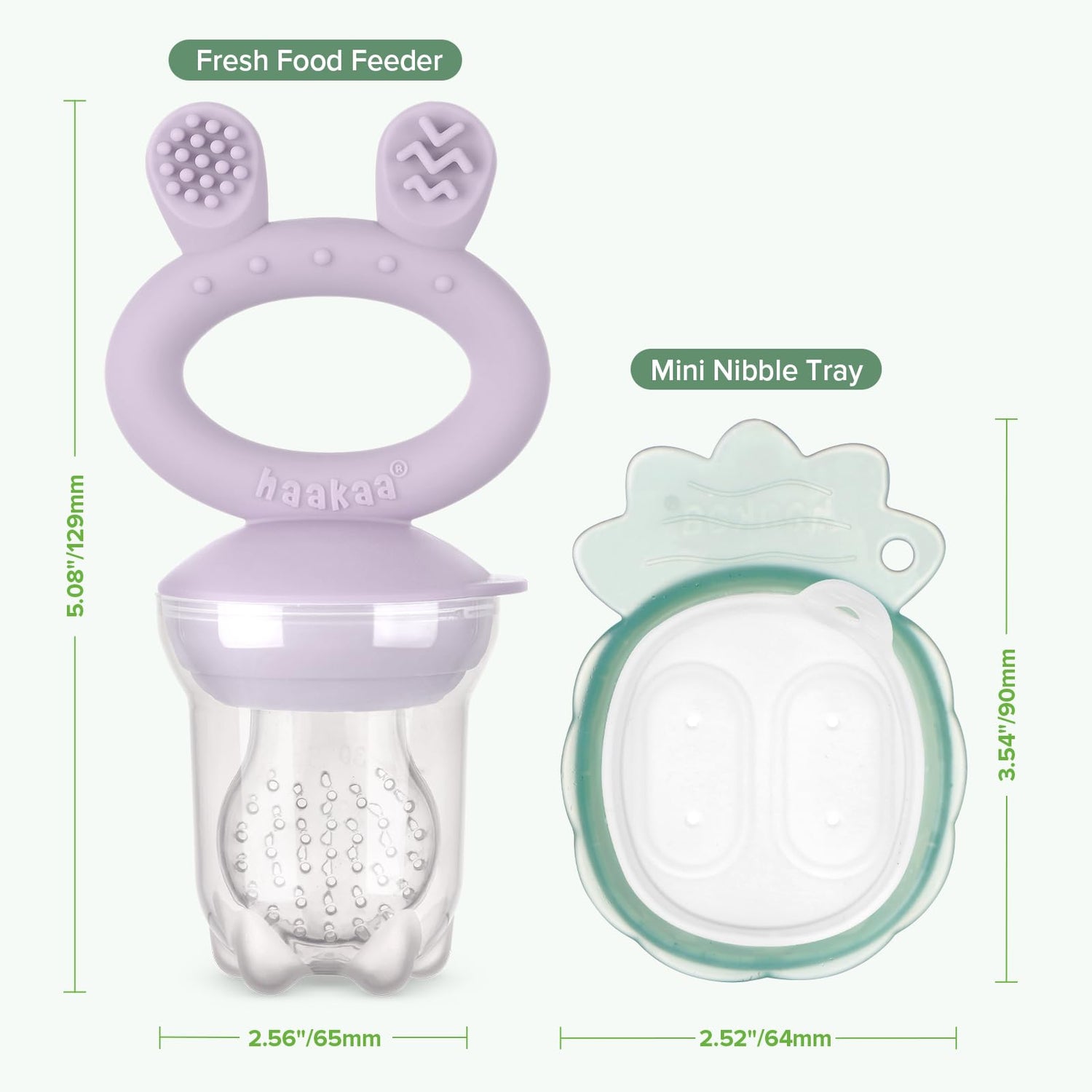 Haakaa Baby Fruit Food Feeder &amp; Mini Freezer Nibble Tray Combo, Breastmilk Popsicle Molds for Cooling Relief, BPA Free Silicone Feeder for Safe Infant Self Feeding, 4 Month+ (Pea Green)