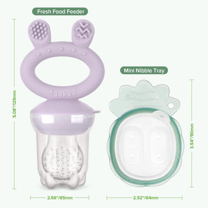 Haakaa Baby Fruit Food Feeder &amp; Mini Freezer Nibble Tray Combo, Breastmilk Popsicle Molds for Cooling Relief, BPA Free Silicone Feeder for Safe Infant Self Feeding, 4 Month+ (Pea Green)