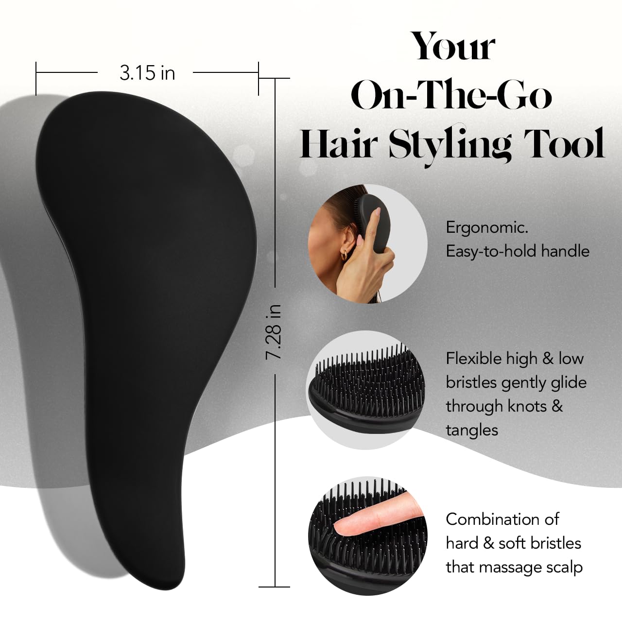 Kitsch Detangler Brush for Curly, Straight, Wet and Dry Hair - No Pain Hair Detangler Brush with Flexible Bristles, Easy-to-Hold, Shower &amp; Travel Hair Brush for Adults and Kids - Black