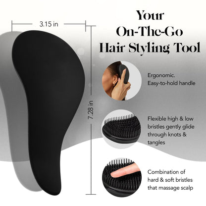 Kitsch Detangler Brush for Curly, Straight, Wet and Dry Hair - No Pain Hair Detangler Brush with Flexible Bristles, Easy-to-Hold, Shower &amp; Travel Hair Brush for Adults and Kids - Black