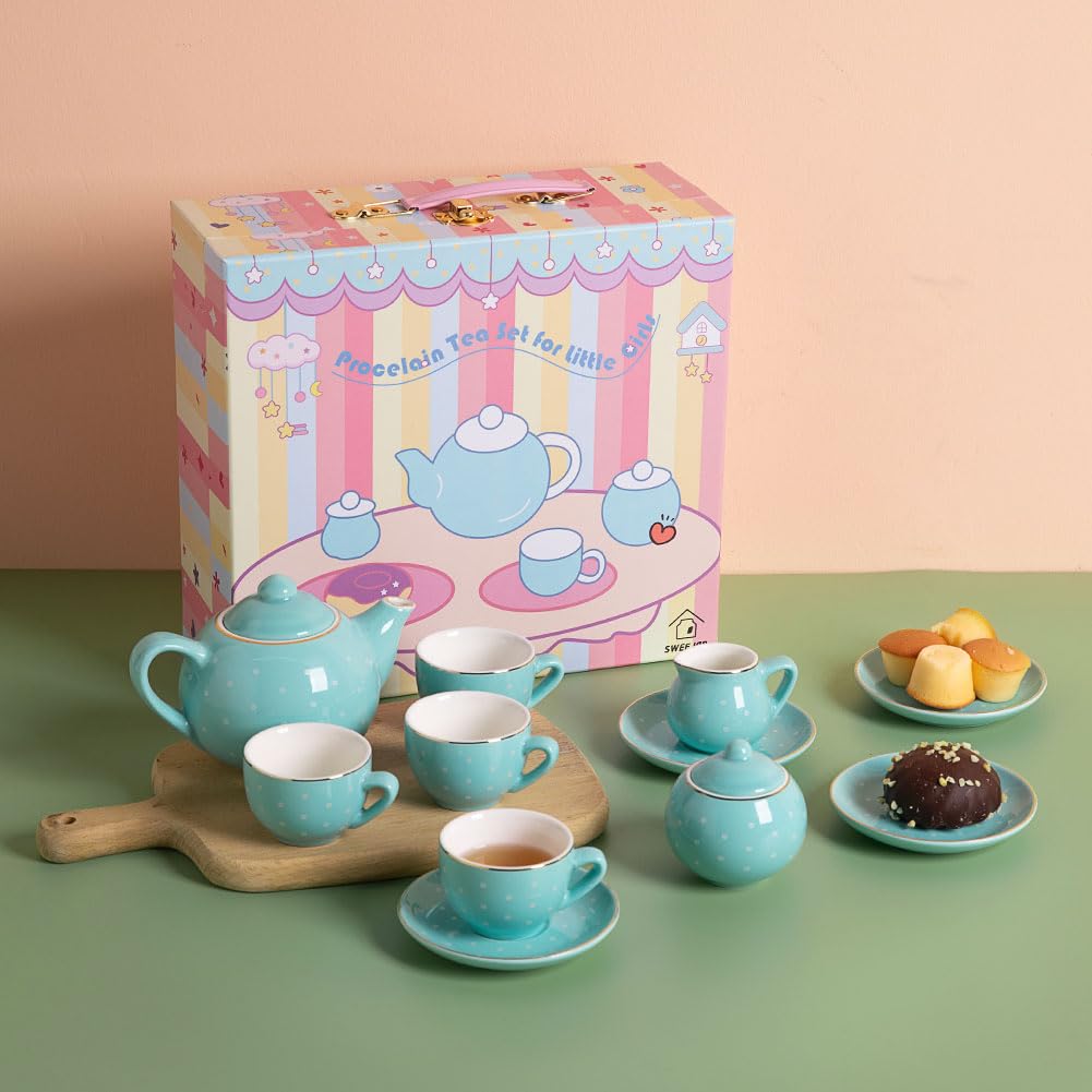 Sweejar Porcelain Tea Set for Little Girls,Kitchen Toys Tea Party Set for Kids Toddler Kitchen Pretend Toy Include Children Teapot, Cup &amp; Saucer Set of 4, Sugar Bowl and Cream Pitcher(Pink Polka Dot)