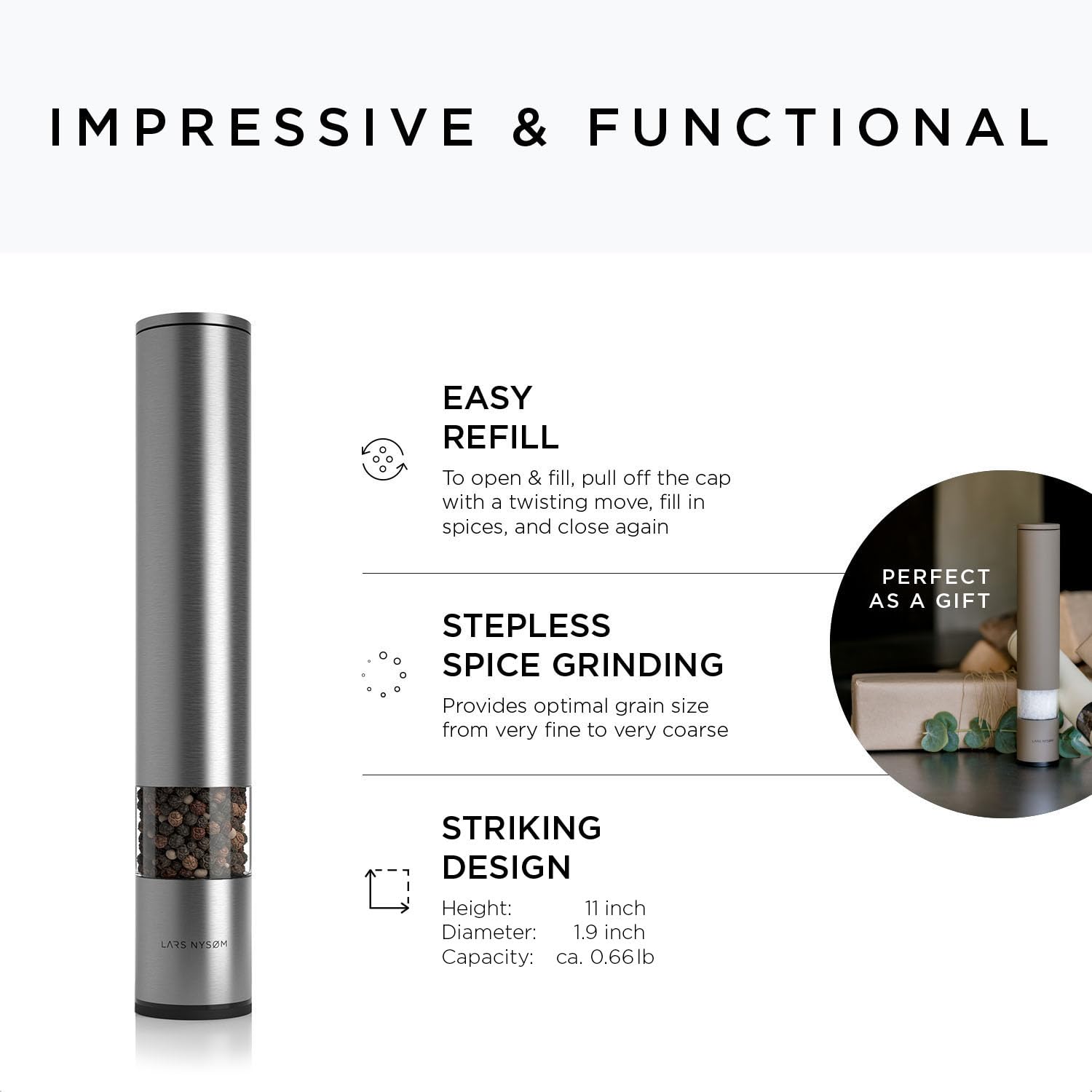 LARS NYSØM Salt and Pepper Mills Set Stainless Steel with Adjustable Ceramic Grinder 2 Pieces I Design Spice Mills Set Manual (Brown/Beige)