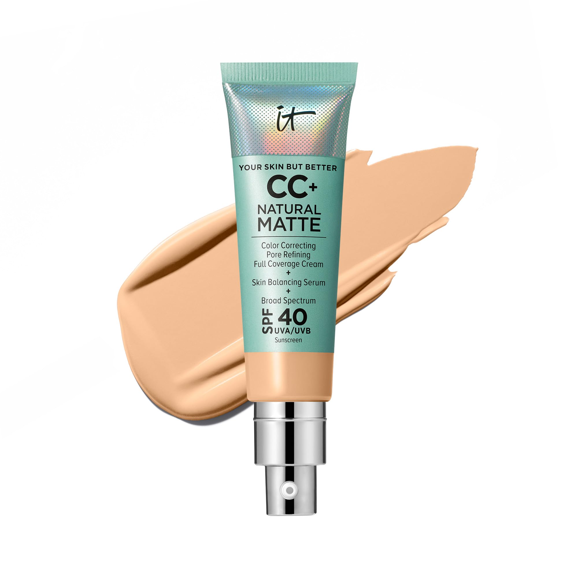 IT Cosmetics CC+ Cream Natural Matte Foundation with SPF 40 - Shine-Reducing &amp; Long-Wear Full Coverage Foundation For Oily Skin - With Hyaluronic Acid - Fragrance Free &amp; Non-Comedogenic - 1.08 fl oz