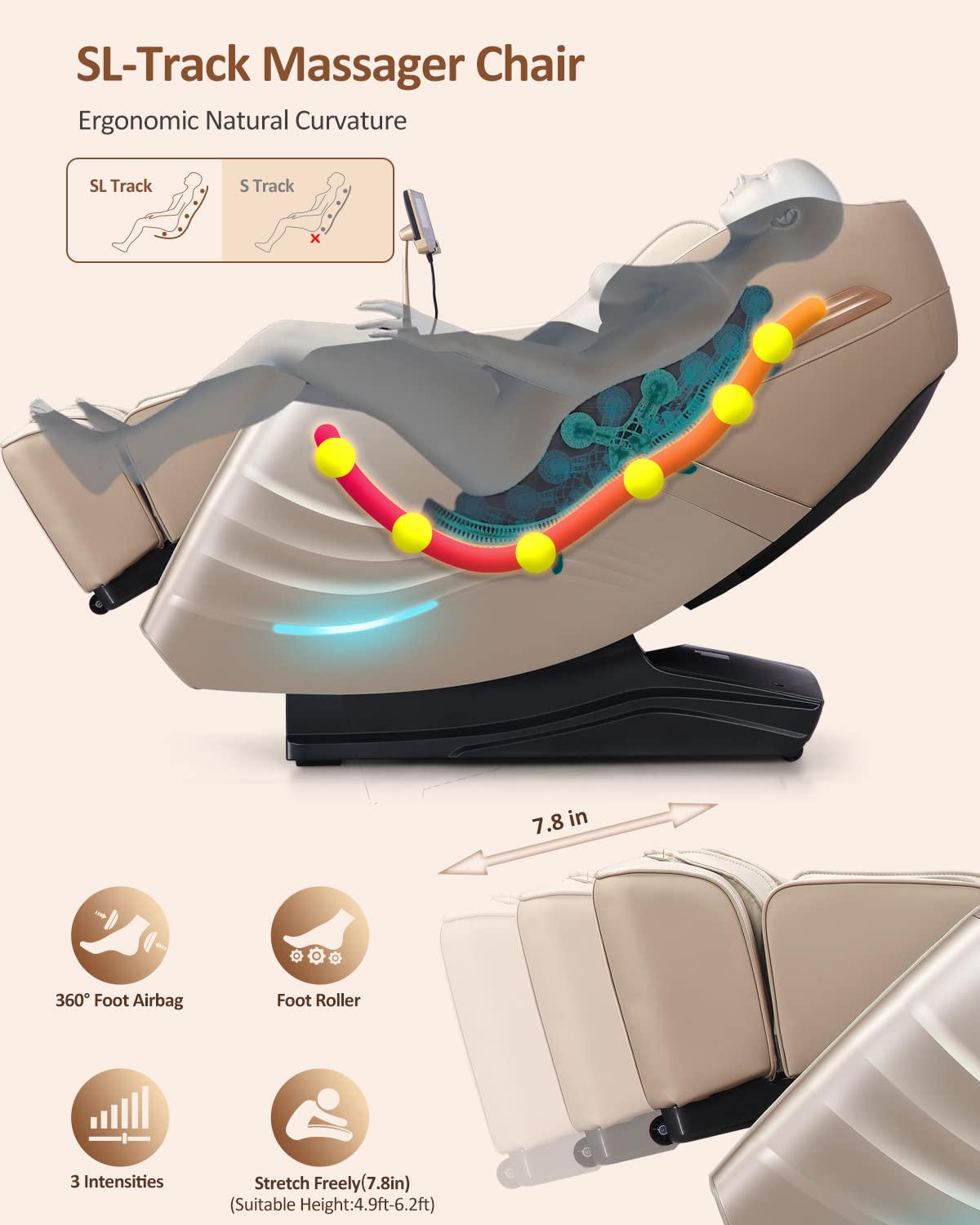 RELX Massage Chair Full Body Zero Gravity SL-Track Shiatsu Massage Chair, 12 Modes, Airbag Massage, with Yoga Stretch, Foot Massage, AI Control (Cream)