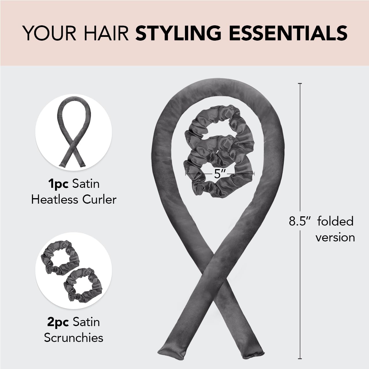 Kitsch Satin Heatless Curling Set for No-Heat Soft Curls | Overnight Hair Curlers &amp; Curling Rod Headband, Frizz-Free Styling | Gentle Rollers for All Hair Types - 1 Pack (Charcoal)
