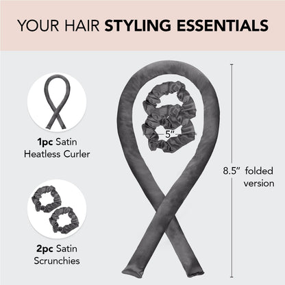 Kitsch Satin Heatless Curling Set for No-Heat Soft Curls | Overnight Hair Curlers &amp; Curling Rod Headband, Frizz-Free Styling | Gentle Rollers for All Hair Types - 1 Pack (Charcoal)