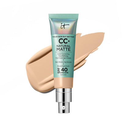 IT Cosmetics CC+ Cream Natural Matte Foundation with SPF 40 - Shine-Reducing &amp; Long-Wear Full Coverage Foundation For Oily Skin - With Hyaluronic Acid - Fragrance Free &amp; Non-Comedogenic - 1.08 fl oz