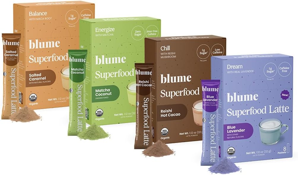 Blume Latte Variety Pack | Blue Lavender Tea to Calm, Reishi Hot Cacao to Soothe, Matcha Green Tea for Energy, Salted Caramel to Savor - Organic, Vegan, Keto-Friendly, Hot/Cold Beverages - 32 Servings