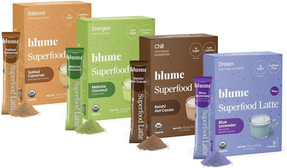 Blume Latte Variety Pack | Blue Lavender Tea to Calm, Reishi Hot Cacao to Soothe, Matcha Green Tea for Energy, Salted Caramel to Savor - Organic, Vegan, Keto-Friendly, Hot/Cold Beverages - 32 Servings