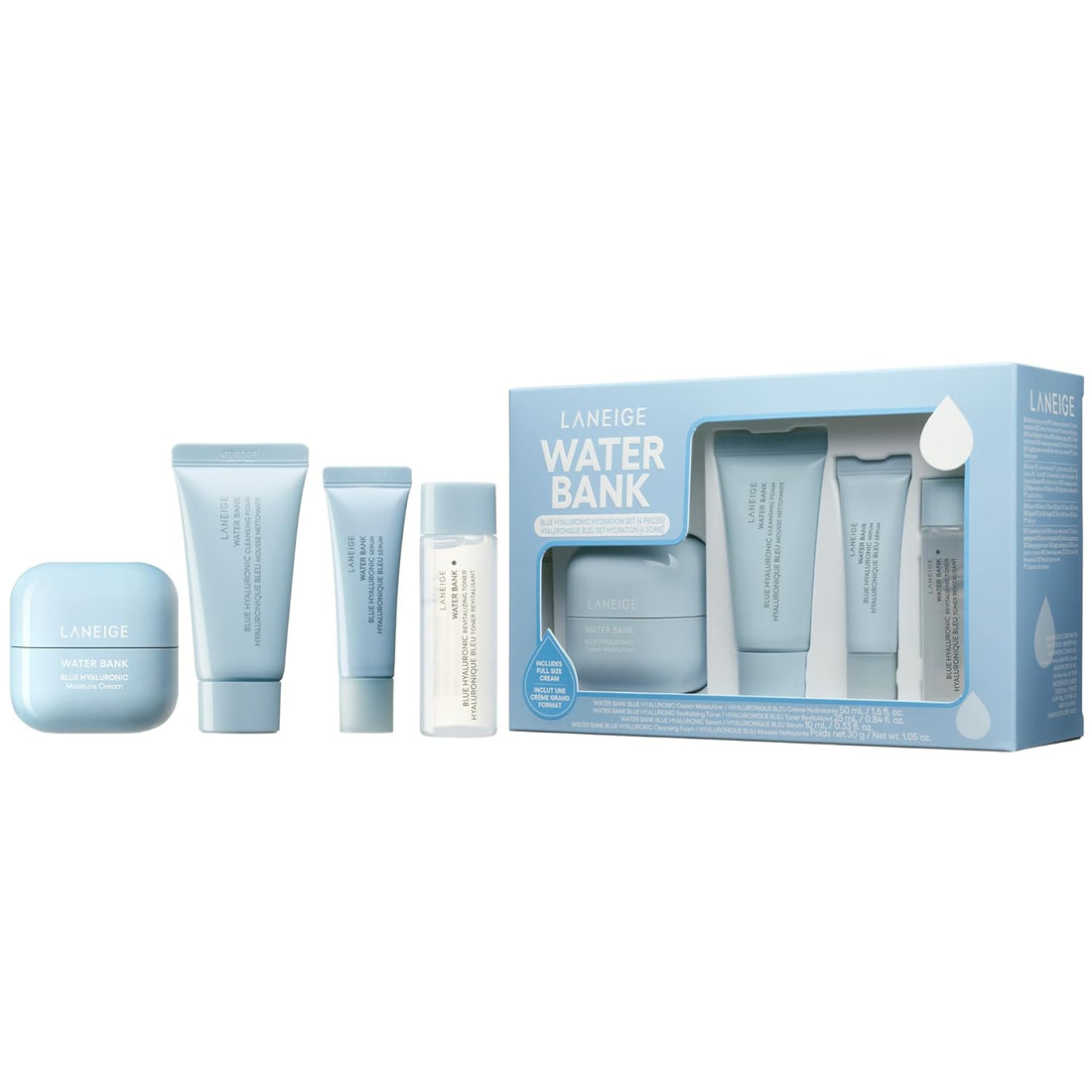 LANEIGE Water Bank Blue Hyaluronic Hydration Set: Hydrate, Nourish, Full Sized Cream Moisturizer, Travel Sized Eye Cream, Toner, Cleanser