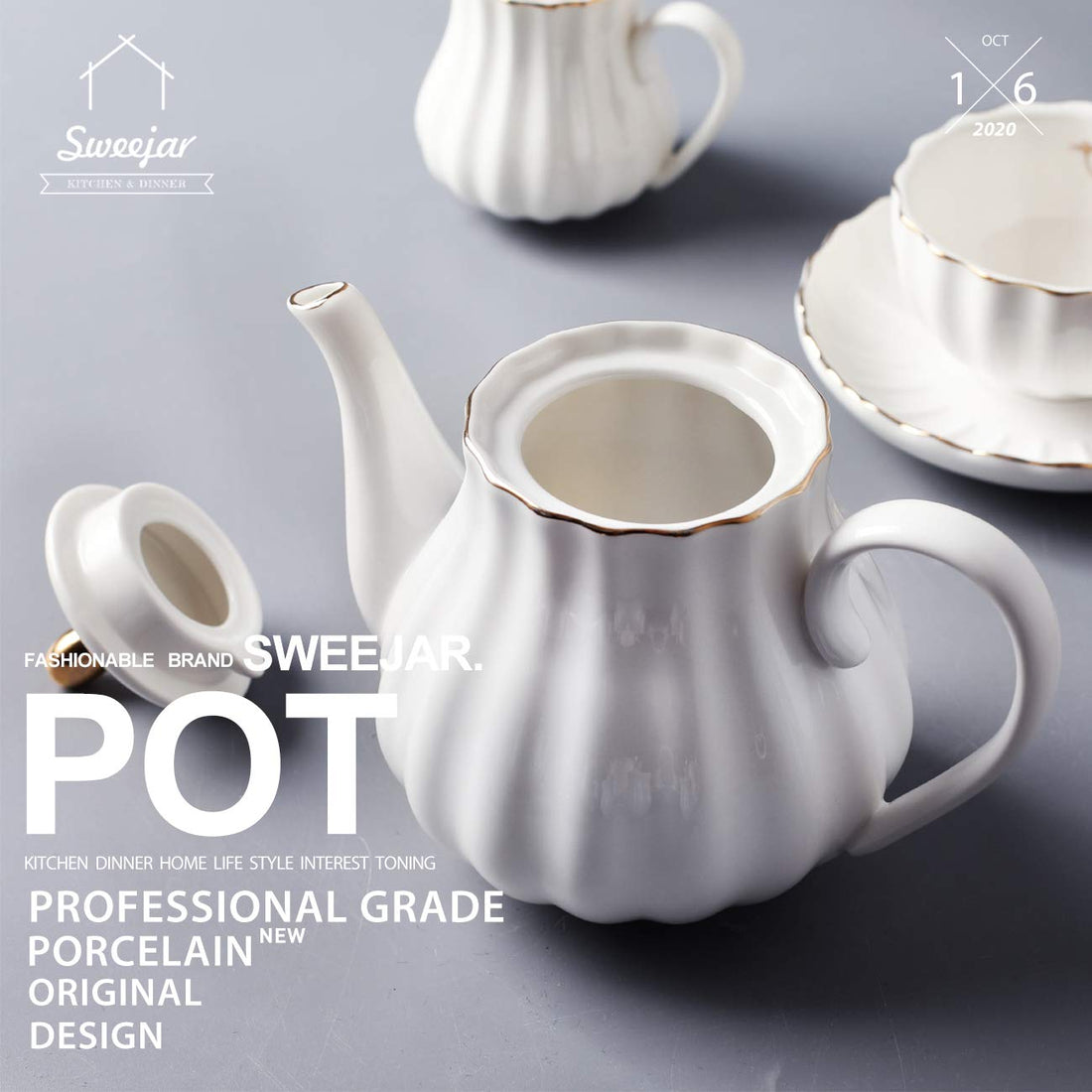 Sweejar Royal Ceramic Teapot &amp; Sugar and Creamer Set(White)