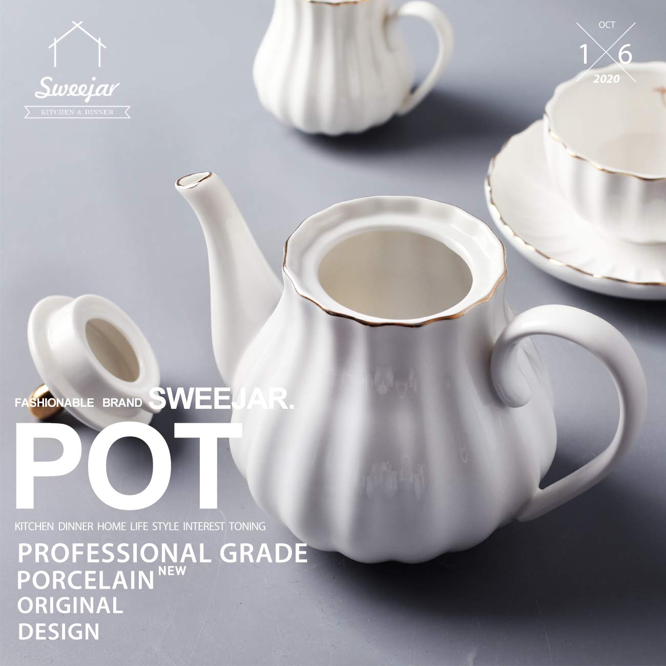 Sweejar Royal Ceramic Teapot &amp; Sugar and Creamer Set(White)