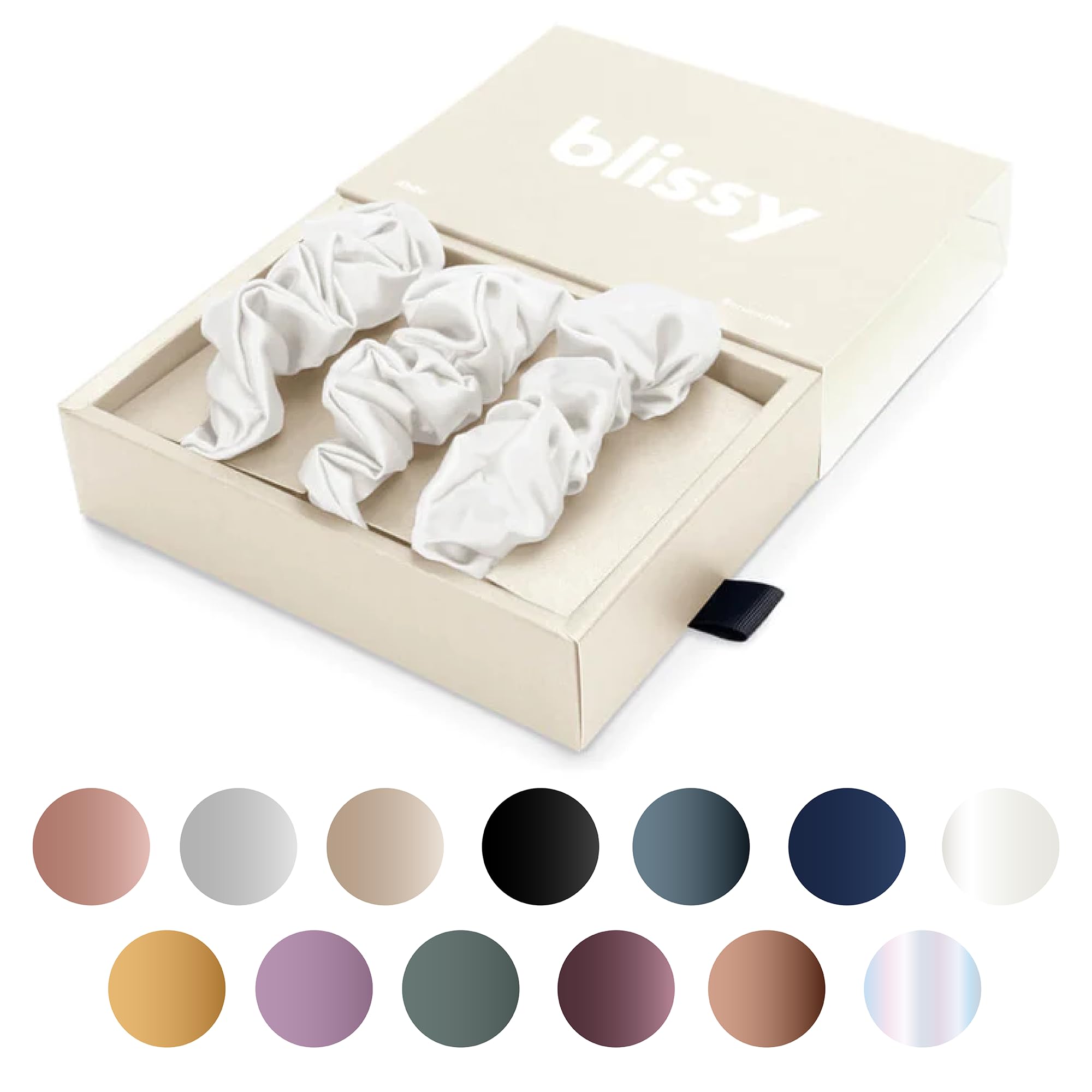 Blissy Silk Scrunchies (3 Pack) - 100% Pure Mulberry Silk - 22 Momme 6A High-Grade Fibers - Silk Scrunchie for Straight &amp; Curly Hair - Preventing Breakage, Tangling, &amp; Creasing (Black Skinny)