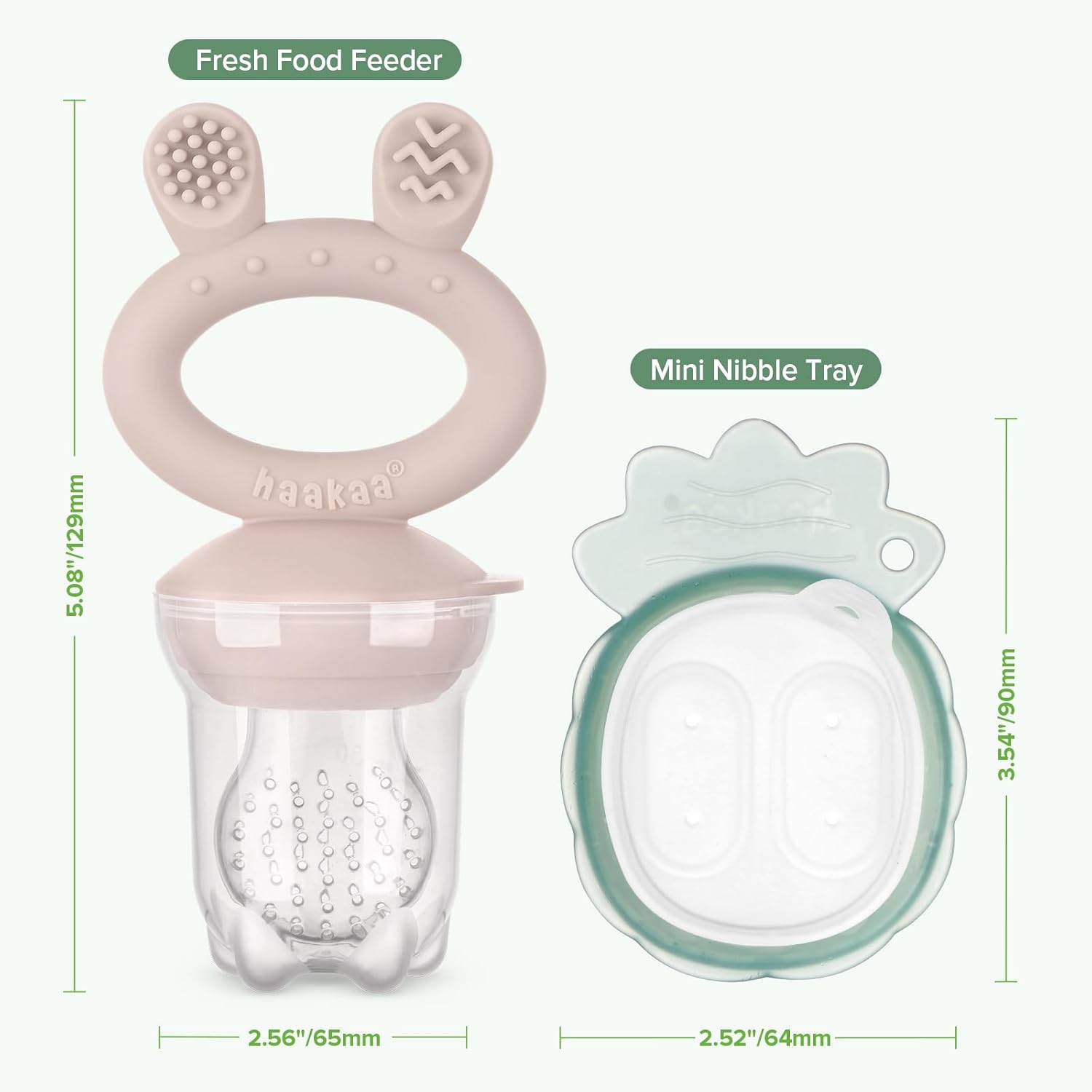 Haakaa Baby Fruit Food Feeder &amp; Mini Freezer Nibble Tray Combo, Breastmilk Popsicle Molds for Cooling Relief, BPA Free Silicone Feeder for Safe Infant Self Feeding, 4 Month+ (Pea Green)