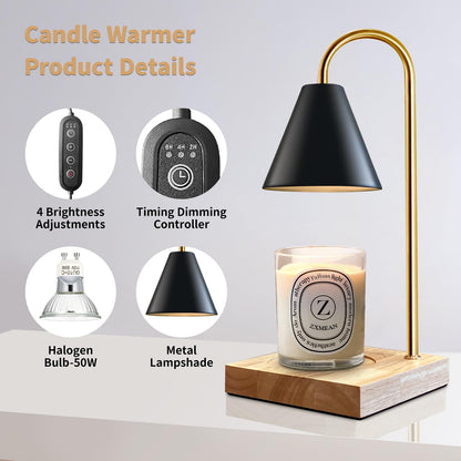Candle Warmer Lamp with Dimmer, Electric Candle Warmer for Jar Candles, Bedroom Home Decor, 2H/4H/8H Timer Adjustable Height with 2 Bulbs, (Amber)