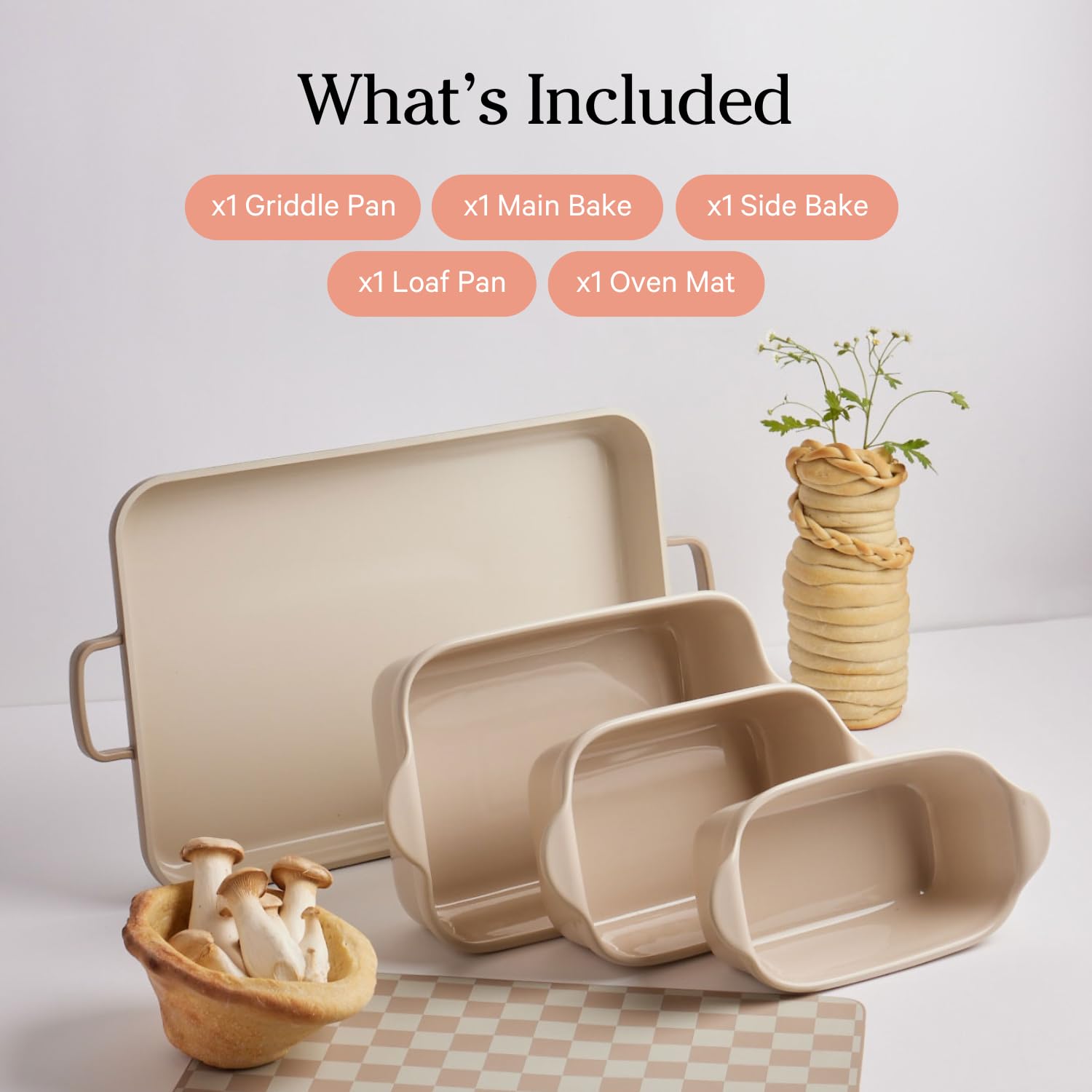 Our Place Bakeware Set | 5-Piece Nonstick, Toxin-Free, Ceramic, Stoneware Set with Oven Pan, Bakers, &amp; Oven Mat | Space-Saving Nesting Design | Oven-Safe | Bake, Roast, Griddle and more | Steam