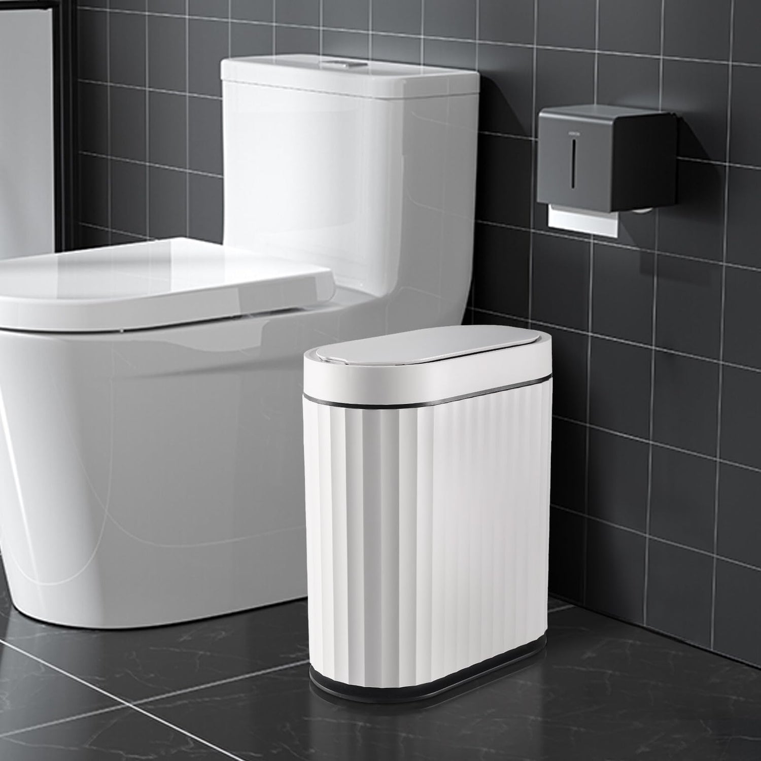 ELPHECO Mini Desktop Trash Can with Lid, Small Slim Automatic Garbage Can, 1.3 Gallon Motion Sensor Countertop Waste Basket for Bedroom, Office, Bathroom, White with Grey Trim