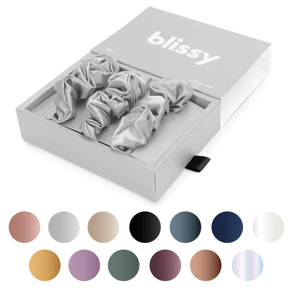 Blissy Silk Scrunchies (3 Pack) - 100% Pure Mulberry Silk - 22 Momme 6A High-Grade Fibers - Silk Scrunchie for Straight &amp; Curly Hair - Preventing Breakage, Tangling, &amp; Creasing (Black Skinny)