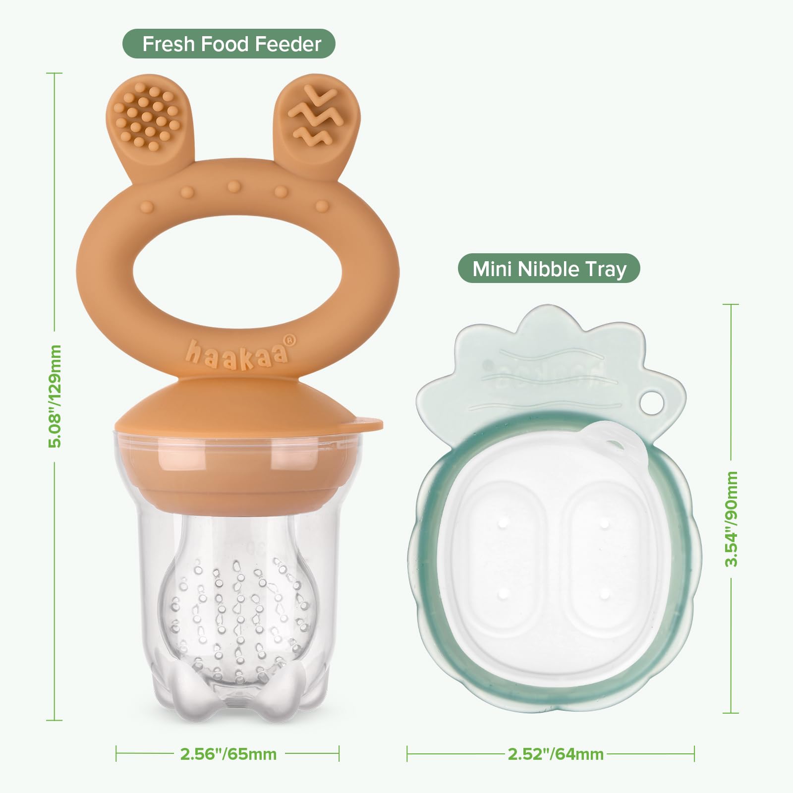 Haakaa Baby Fruit Food Feeder &amp; Mini Freezer Nibble Tray Combo, Breastmilk Popsicle Molds for Cooling Relief, BPA Free Silicone Feeder for Safe Infant Self Feeding, 4 Month+ (Pea Green)