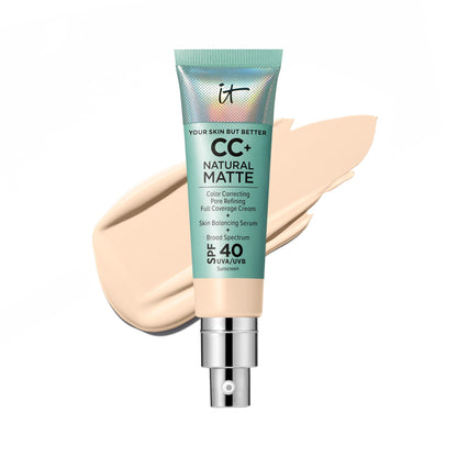 IT Cosmetics CC+ Cream Natural Matte Foundation with SPF 40 - Shine-Reducing &amp; Long-Wear Full Coverage Foundation For Oily Skin - With Hyaluronic Acid - Fragrance Free &amp; Non-Comedogenic - 1.08 fl oz