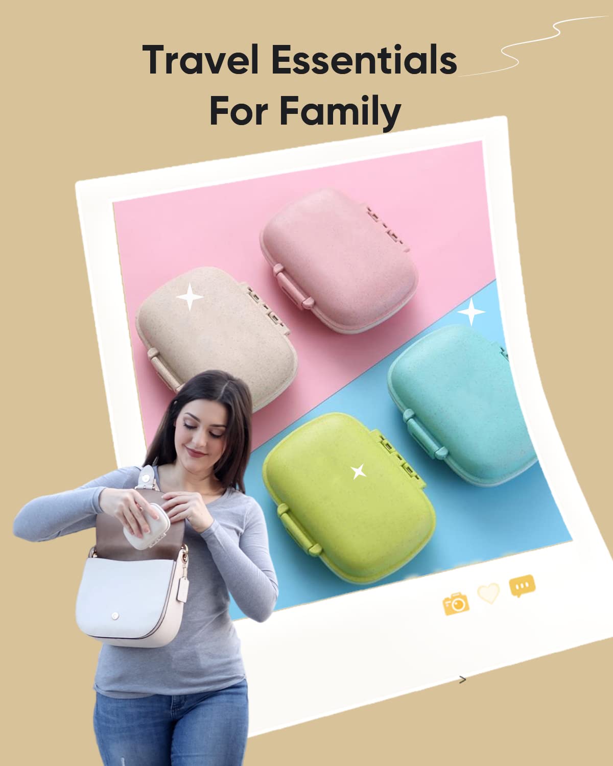 Holii Travel Pill Organizer, 8 Compartments Portable Pill Case, Daily Pill Box to Hold Vitamins, Small Pill Container for Pocket Purse Medicine Organizer（Khaki）