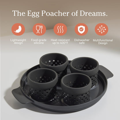 Our Place Silicone Egg Poacher Add-On - Easy-Use Poaching Set | Fail-Proof Water Bath Design | Includes Sturdy Nylon Platter &amp; Perforated Cups | BPA-Free, Dishwasher Safe | Blue Salt