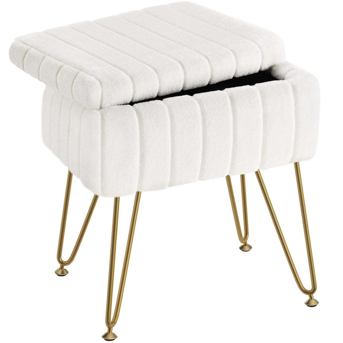 Greenstell Vanity Stool Chair Faux Fur with Storage, 19.4&quot; H x 15.7&quot; L x 11.8&quot; W Soft Ottoman 4 Metal Legs with Anti-Slip Feet, Furry Padded Seat, Modern Multifunctional Chairs for Makeup, Bedroom