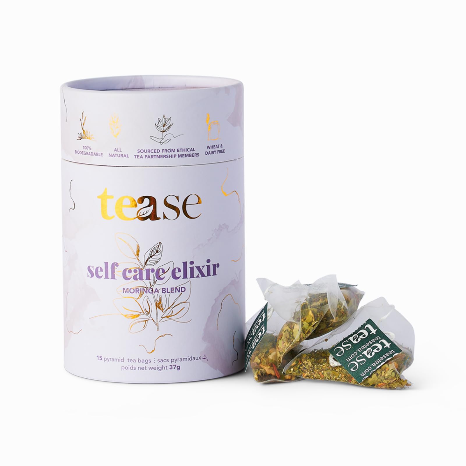 Tease Tea Organic Tea Tube Gift Set | 15 Piece Botanical Pyramid Tea Bag Infuser Sachets Loose Leaf Support Citrusy Blend with Rooibos, Peppermint, Valerian Root Caffeine Free 37g (Golden Slumbers)